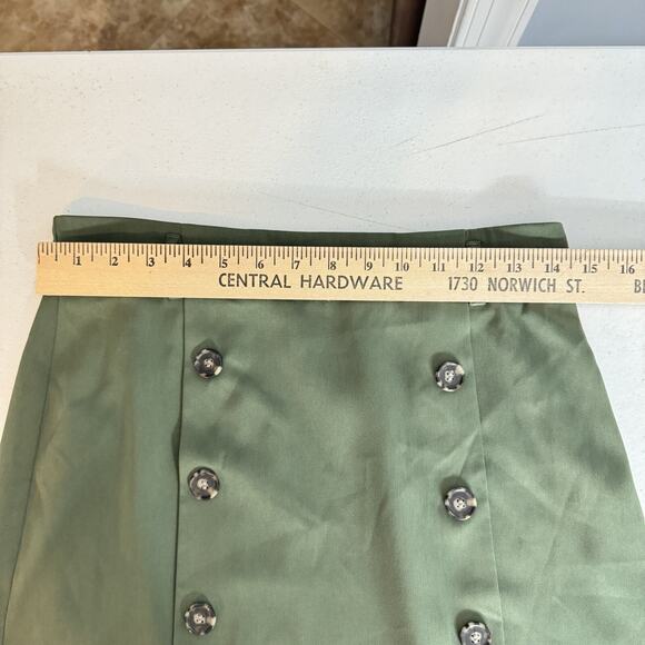 LOFT Pleated A-Line Knee Length Skirt Size 2 Olive Green Buttons Office Stretch - Picture 7 of 10
